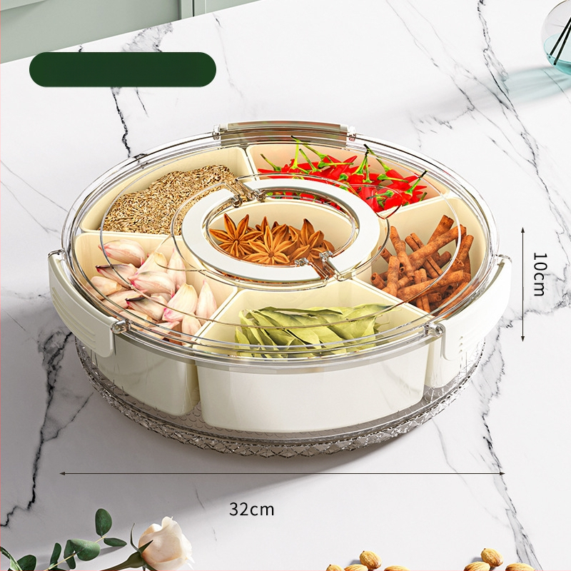 Šešių skyrių besisukanti vaisių lėkštė su rankena, sandari drėgmei atspari džiovintų vaisių lėkštė, prieskonių dėžutė, didelė buitinė užkandžių dėžutė su dangteliu