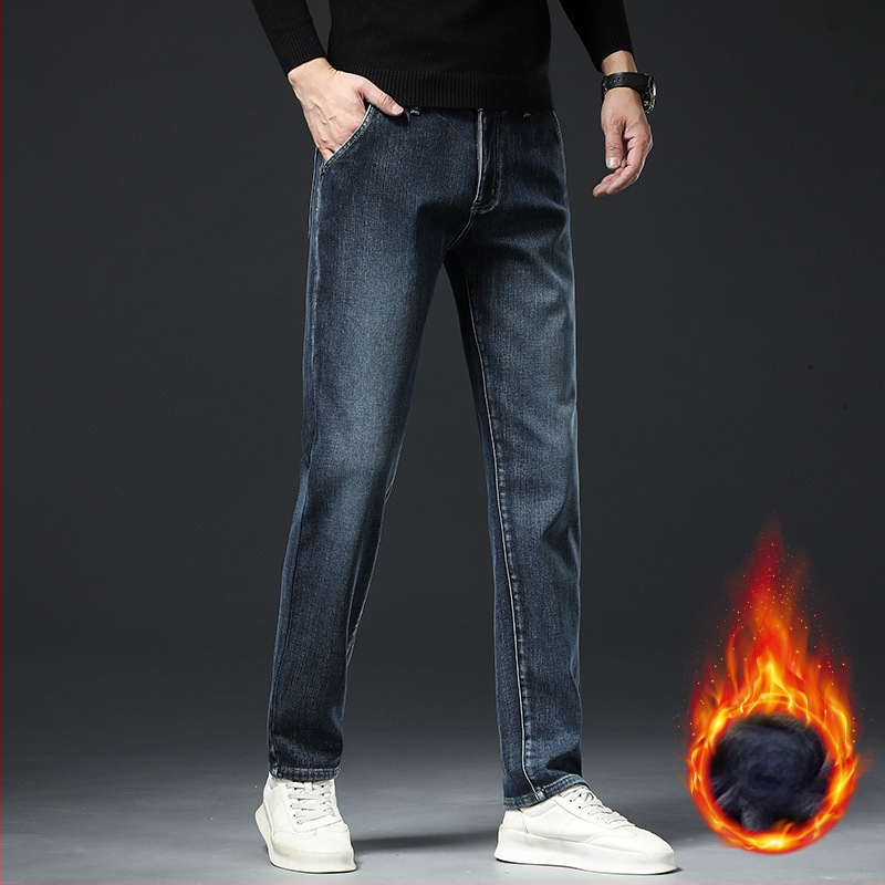 Gyapjúbéléssel ellátott farmernadrág Férfi 2024 őszi és téli új középkorú üzleti rugalmas, laza, minden mérkőzésre alkalmas, egyenes hosszú nadrág férfiaknak