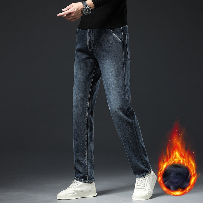 Gyapjúbéléssel ellátott farmernadrág Férfi 2024 őszi és téli új középkorú üzleti rugalmas, laza, minden mérkőzésre alkalmas, egyenes hosszú nadrág férfiaknak