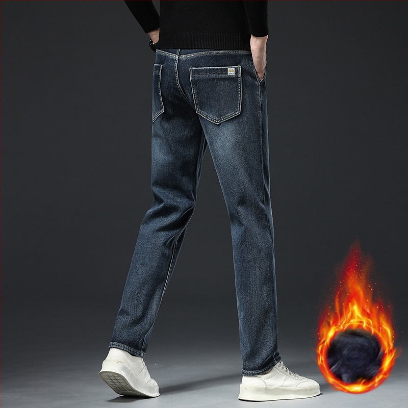 Gyapjúbéléssel ellátott farmernadrág Férfi 2024 őszi és téli új középkorú üzleti rugalmas, laza, minden mérkőzésre alkalmas, egyenes hosszú nadrág férfiaknak