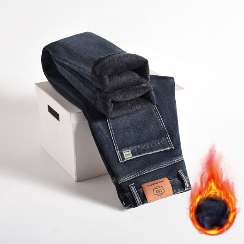 Gyapjúbéléssel ellátott farmernadrág Férfi 2024 őszi és téli új középkorú üzleti rugalmas, laza, minden mérkőzésre alkalmas, egyenes hosszú nadrág férfiaknak