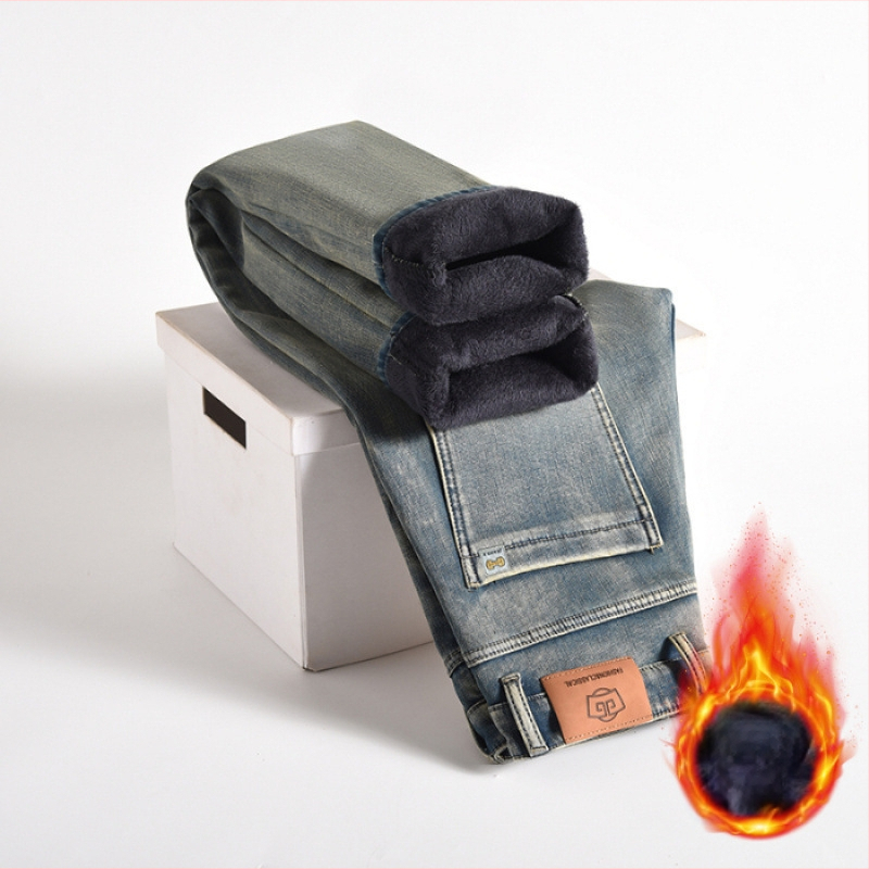 Gyapjúbéléssel ellátott farmernadrág Férfi 2024 őszi és téli új középkorú üzleti rugalmas, laza, minden mérkőzésre alkalmas, egyenes hosszú nadrág férfiaknak