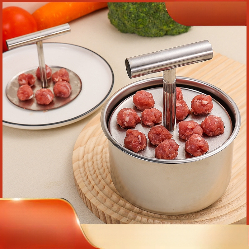 Naujas buitinis nerūdijančio plieno presavimo mėsos kukulių gamintojas virtuvėje, rankomis presuojamas daugiafunkcis krevečių stumdomas pelėsis