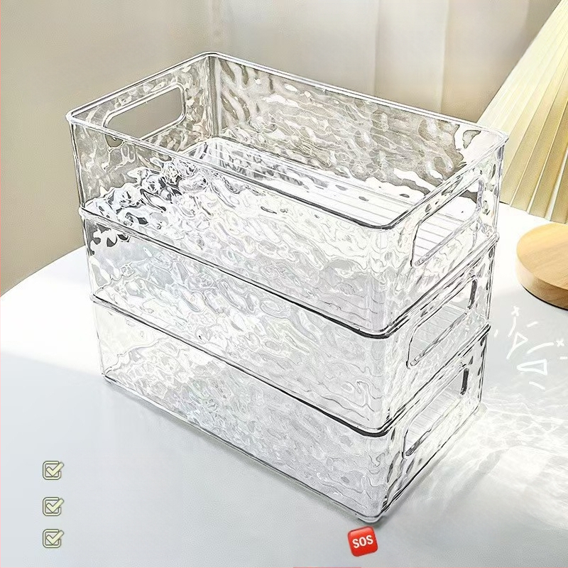 Kiváló minőségű akril kozmetikai kiegészítő tárolókosár, világos, luxus gleccsermintás, egymásra rakható, átlátszó asztali tárolódoboz