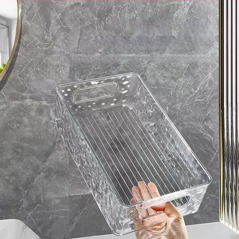Kiváló minőségű akril kozmetikai kiegészítő tárolókosár, világos, luxus gleccsermintás, egymásra rakható, átlátszó asztali tárolódoboz