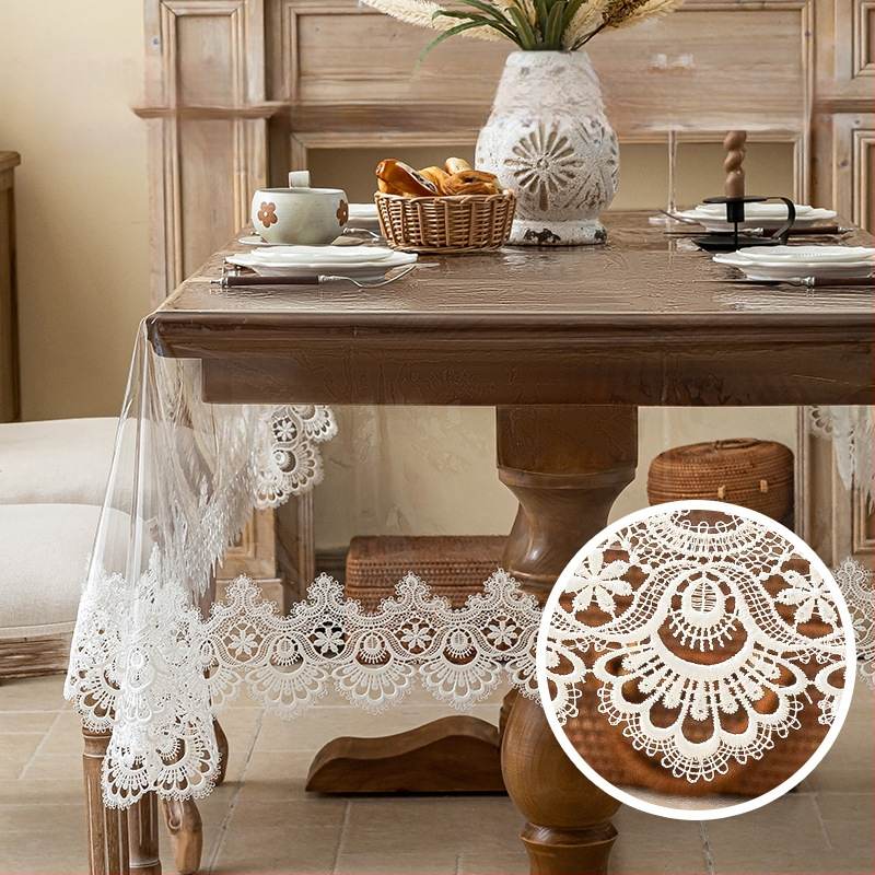 Puha üvegből készült, könnyű, luxus, csúcskategóriás asztalszőnyeg, dohányzóasztal-szőnyeg, hangulatos, csipke, átlátszó, csipke terítő, vízálló és olajálló, mosásmentes