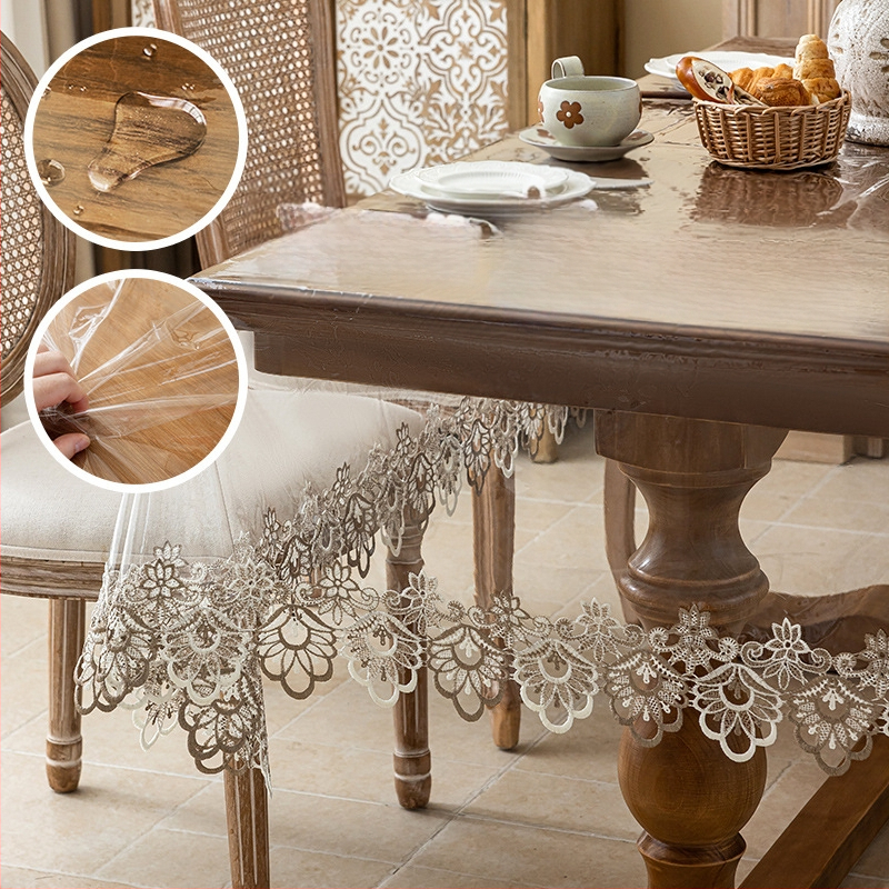 Puha üvegből készült, könnyű, luxus, csúcskategóriás asztalszőnyeg, dohányzóasztal-szőnyeg, hangulatos, csipke, átlátszó, csipke terítő, vízálló és olajálló, mosásmentes