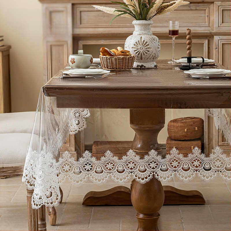 Puha üvegből készült, könnyű, luxus, csúcskategóriás asztalszőnyeg, dohányzóasztal-szőnyeg, hangulatos, csipke, átlátszó, csipke terítő, vízálló és olajálló, mosásmentes