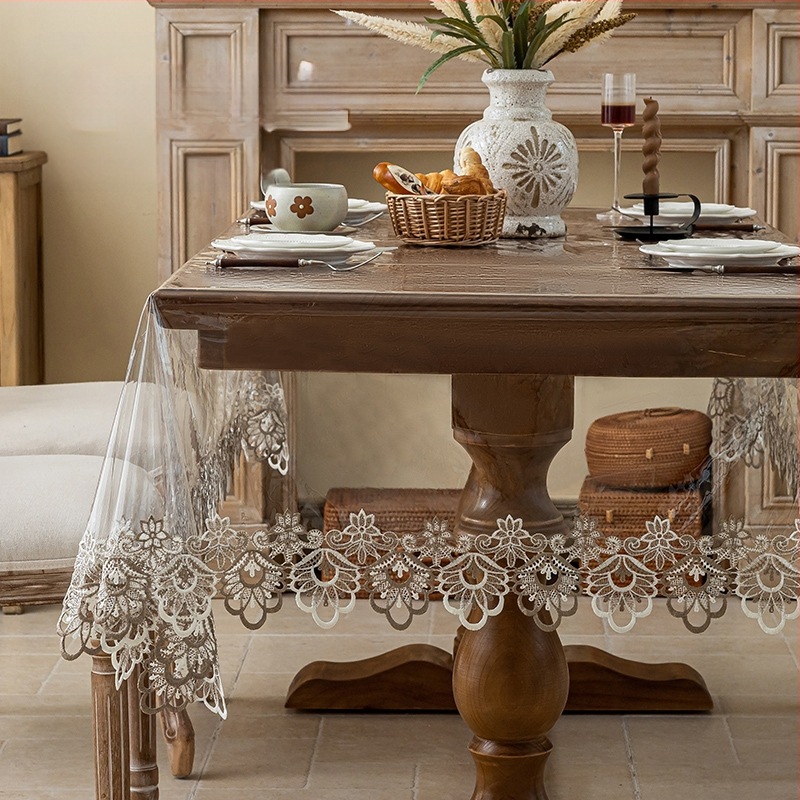 Puha üvegből készült, könnyű, luxus, csúcskategóriás asztalszőnyeg, dohányzóasztal-szőnyeg, hangulatos, csipke, átlátszó, csipke terítő, vízálló és olajálló, mosásmentes