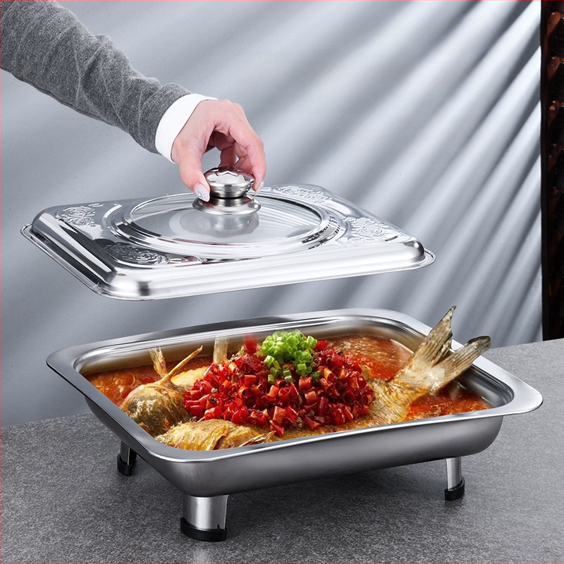 Nerūdijančio plieno keturkojė viryklė, bufetas, kvadratinė viryklė, keptos žuvies viryklė, „Visual Glass Factory Direct“ nuimamos kombinuotos kojelės.