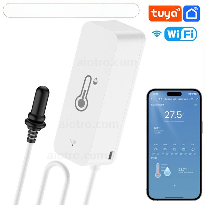 „Tuya“ išmanusis temperatūros ir drėgmės jutiklis, vidinis „Wifi“ temperatūros jutiklis, mobiliojo telefono nuotolinio valdymo pultas su zondu