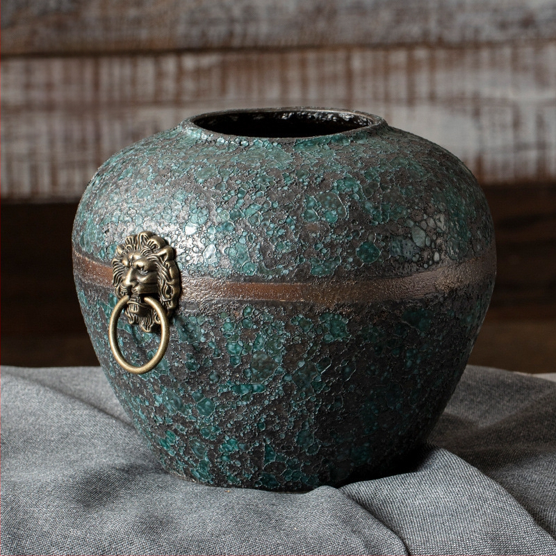 Jingdezhen New Chinoiserie Retro Old Zen įėjimo svetainės baldai su džiovintomis gėlėmis ir vandeniu iškelta keramine vaza