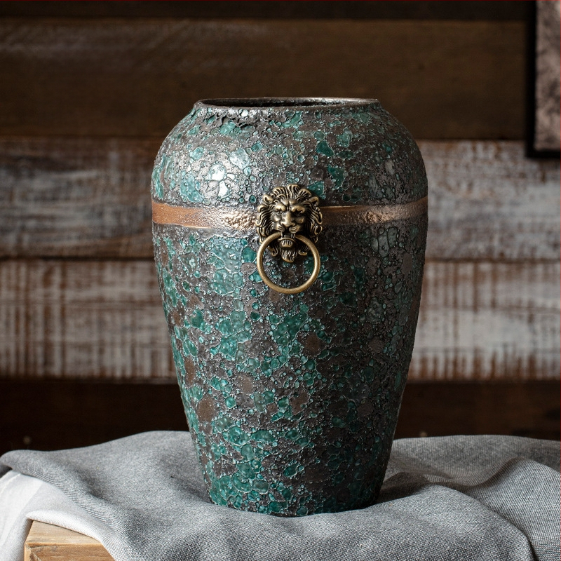 Jingdezhen New Chinoiserie Retro Old Zen įėjimo svetainės baldai su džiovintomis gėlėmis ir vandeniu iškelta keramine vaza