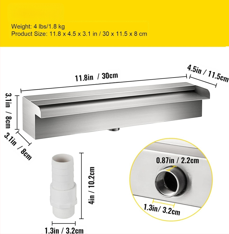 Tiesioginio gamyklinio tiekimo baseino fontanas iš nerūdijančio plieno, baseino krioklio perpildymo sistema su vamzdžių jungtimi, stačiakampis sodo lauko baseinas