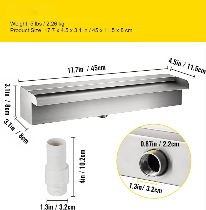 Tiesioginio gamyklinio tiekimo baseino fontanas iš nerūdijančio plieno, baseino krioklio perpildymo sistema su vamzdžių jungtimi, stačiakampis sodo lauko baseinas
