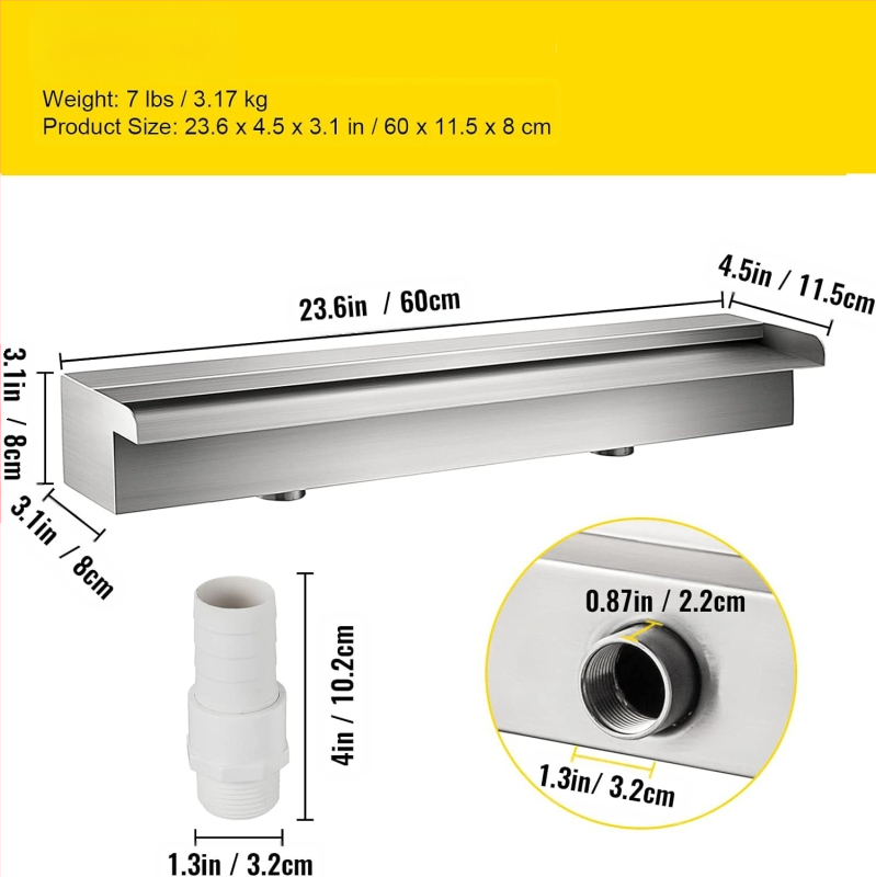 Tiesioginio gamyklinio tiekimo baseino fontanas iš nerūdijančio plieno, baseino krioklio perpildymo sistema su vamzdžių jungtimi, stačiakampis sodo lauko baseinas