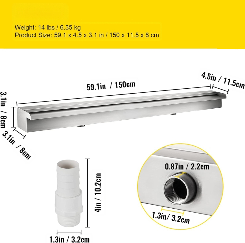 Tiesioginio gamyklinio tiekimo baseino fontanas iš nerūdijančio plieno, baseino krioklio perpildymo sistema su vamzdžių jungtimi, stačiakampis sodo lauko baseinas