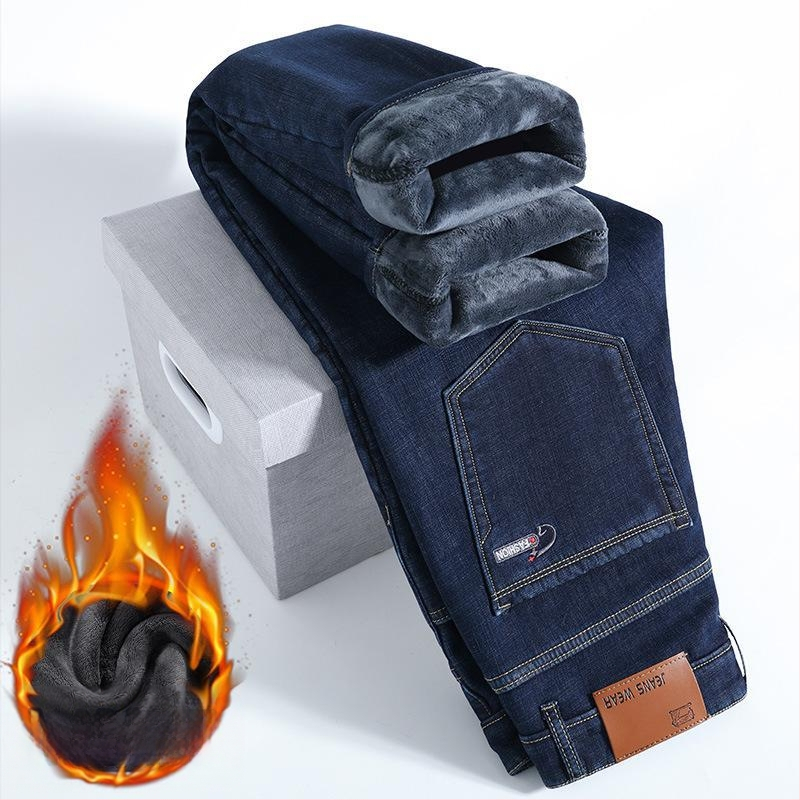 Téli, gyapjúbéléssel bélelt farmernadrág, férfi, laza, egyenes, rugalmas, meleg, férfi nadrág, 2024-es új, vastagított bársonyos, lezser nadrág