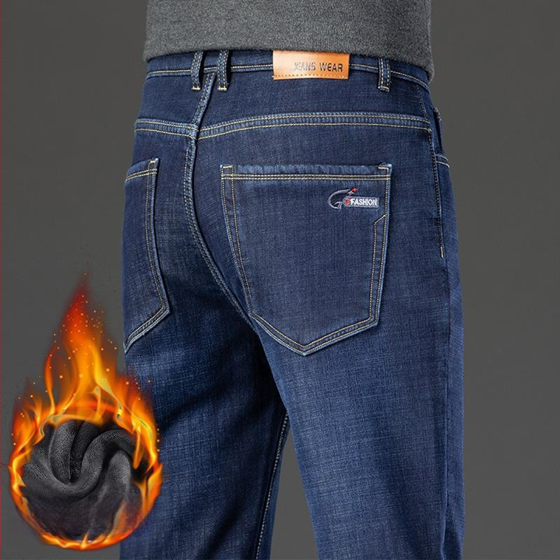 Téli, gyapjúbéléssel bélelt farmernadrág, férfi, laza, egyenes, rugalmas, meleg, férfi nadrág, 2024-es új, vastagított bársonyos, lezser nadrág