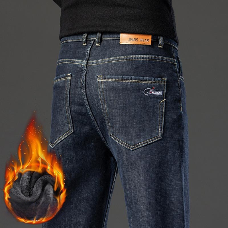 Téli, gyapjúbéléssel bélelt farmernadrág, férfi, laza, egyenes, rugalmas, meleg, férfi nadrág, 2024-es új, vastagított bársonyos, lezser nadrág