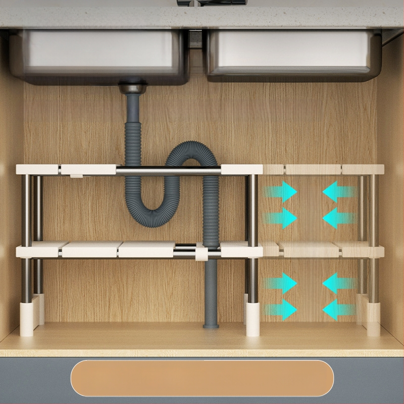 Kuchynský rozťahovací úložný stojan na drez, skrinka, laminovaný stojan, úložný priestor do kuchynskej skrinky, multifunkčný stojan na hrnce, úložná polica
