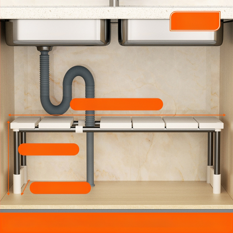 Kuchynský rozťahovací úložný stojan na drez, skrinka, laminovaný stojan, úložný priestor do kuchynskej skrinky, multifunkčný stojan na hrnce, úložná polica