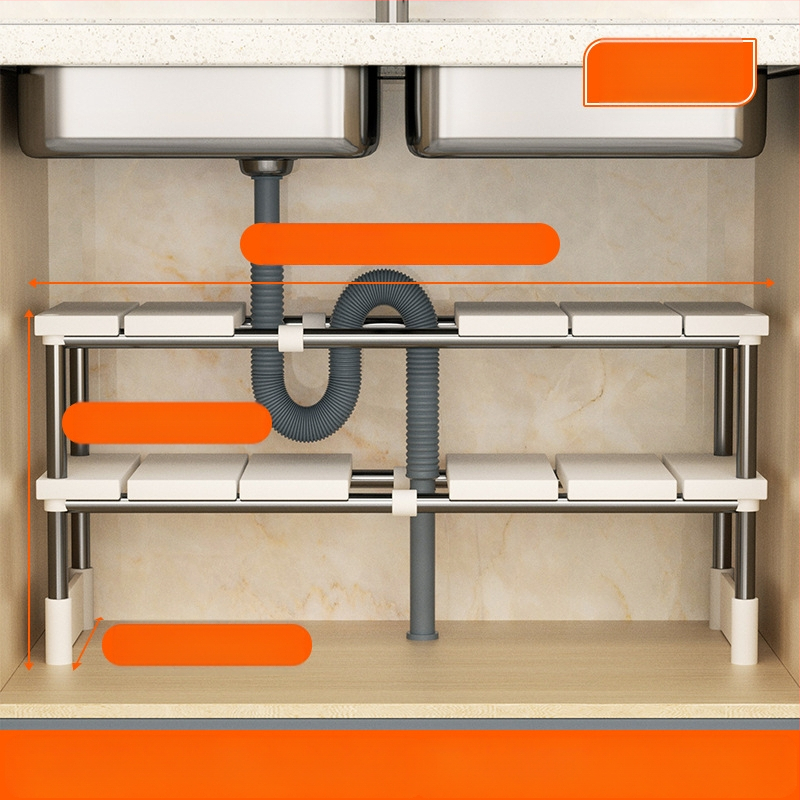 Kuchynský rozťahovací úložný stojan na drez, skrinka, laminovaný stojan, úložný priestor do kuchynskej skrinky, multifunkčný stojan na hrnce, úložná polica
