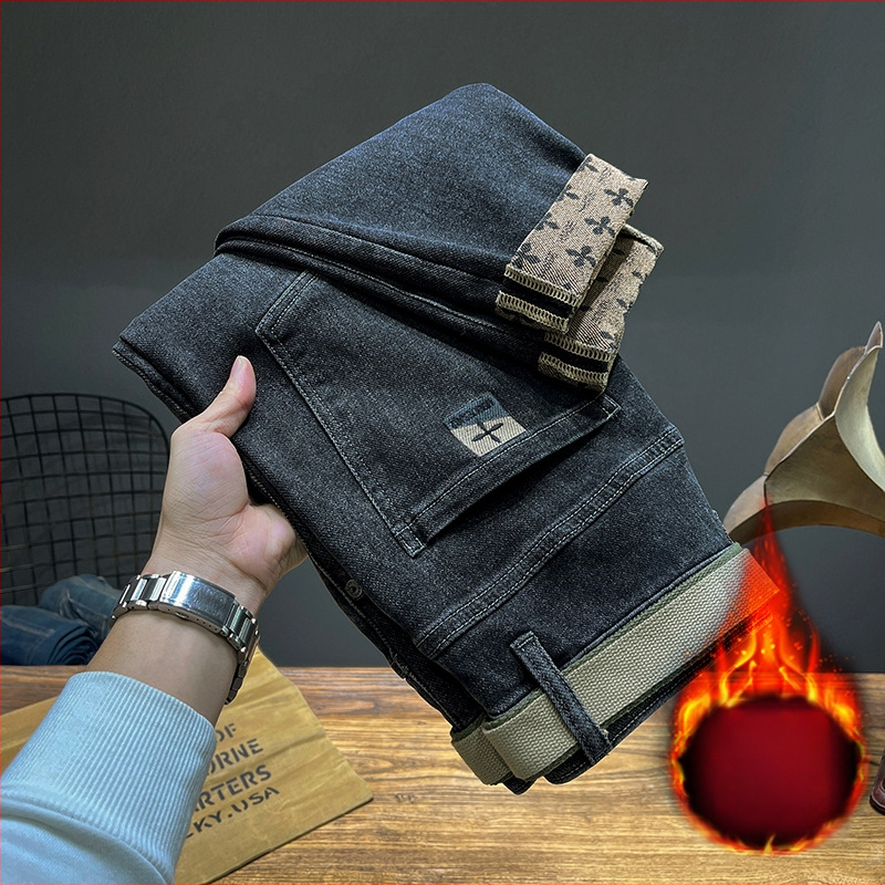 Férfi Nadrágok Ősz és Tél 2024 Polár Bélelt Fekete Farmer Férfi Egyenes Fazonú Slim Fazonú Stretch Retro Mosott Stretch Lezser