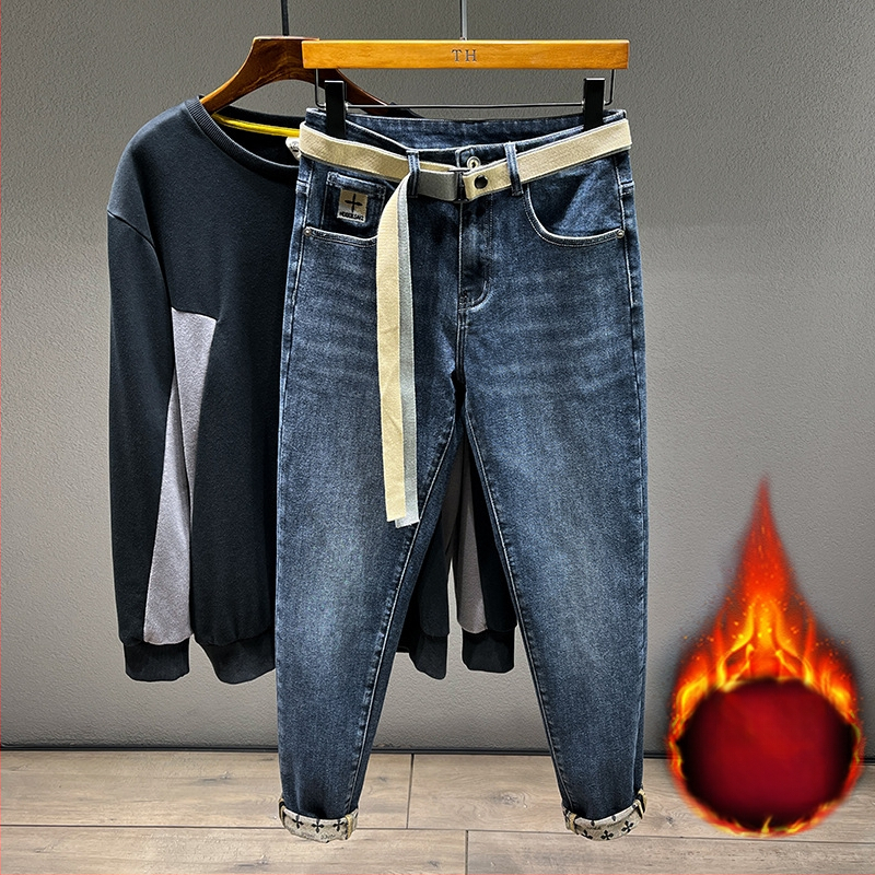 Férfi Nadrágok Ősz és Tél 2024 Polár Bélelt Fekete Farmer Férfi Egyenes Fazonú Slim Fazonú Stretch Retro Mosott Stretch Lezser