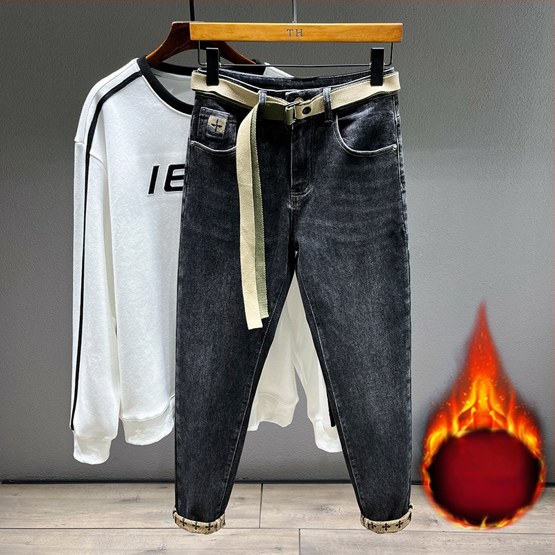 Férfi Nadrágok Ősz és Tél 2024 Polár Bélelt Fekete Farmer Férfi Egyenes Fazonú Slim Fazonú Stretch Retro Mosott Stretch Lezser