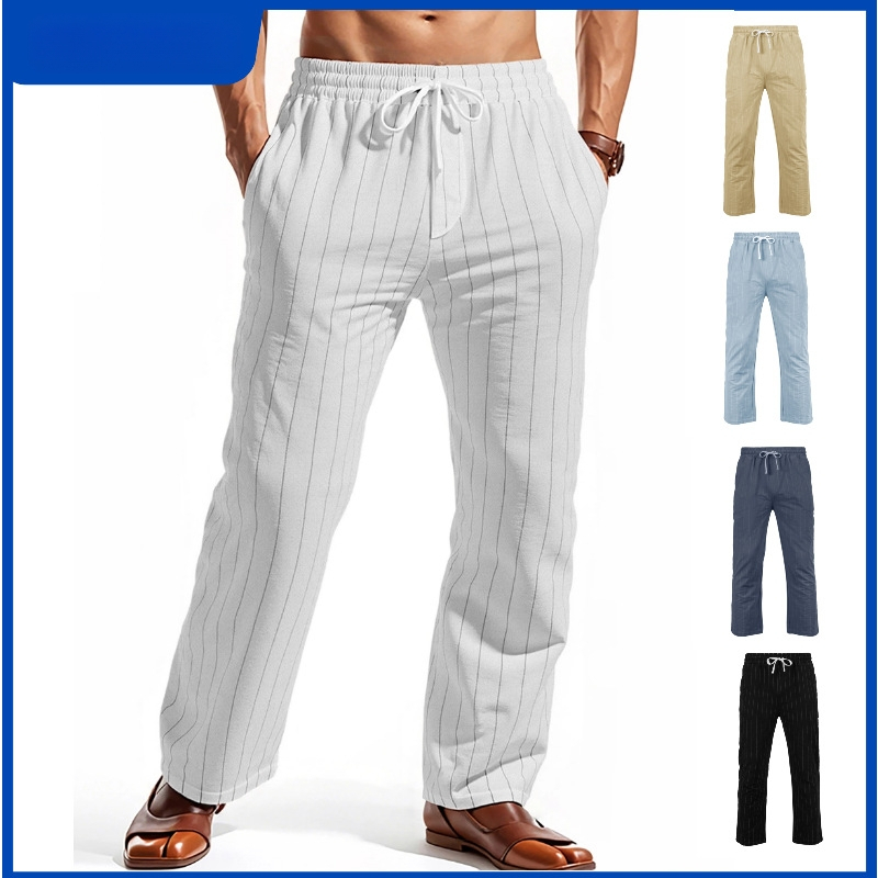 2025 Határokon átnyúló Amazon Európa és Amerika Lezser Joker Csíkos Pamut és Len Nadrág Laza Lélegző Divatos Sport Férfiak