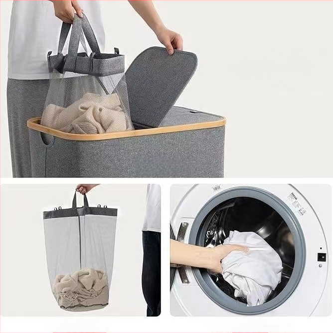Amazoni lihtne kahekordselt avatud kaanega määrdunud riiete korv, suure mahutavusega 150L määrdunud riiete korv, Jaapani stiilis kahekordse sektsiooniga vannitoa hoiukorv