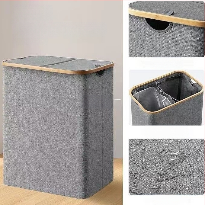 Amazoni lihtne kahekordselt avatud kaanega määrdunud riiete korv, suure mahutavusega 150L määrdunud riiete korv, Jaapani stiilis kahekordse sektsiooniga vannitoa hoiukorv