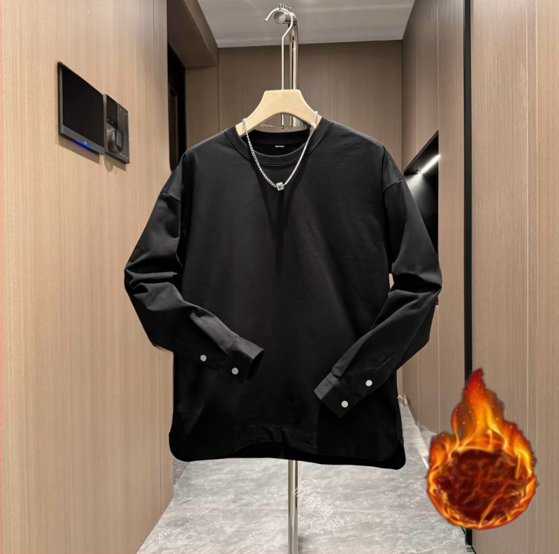 Férfi őszi új, egyszínű, lezser, gombos ujjú, kerek nyakú pulóver, divatos, szegélyű, hasított, vékony ing