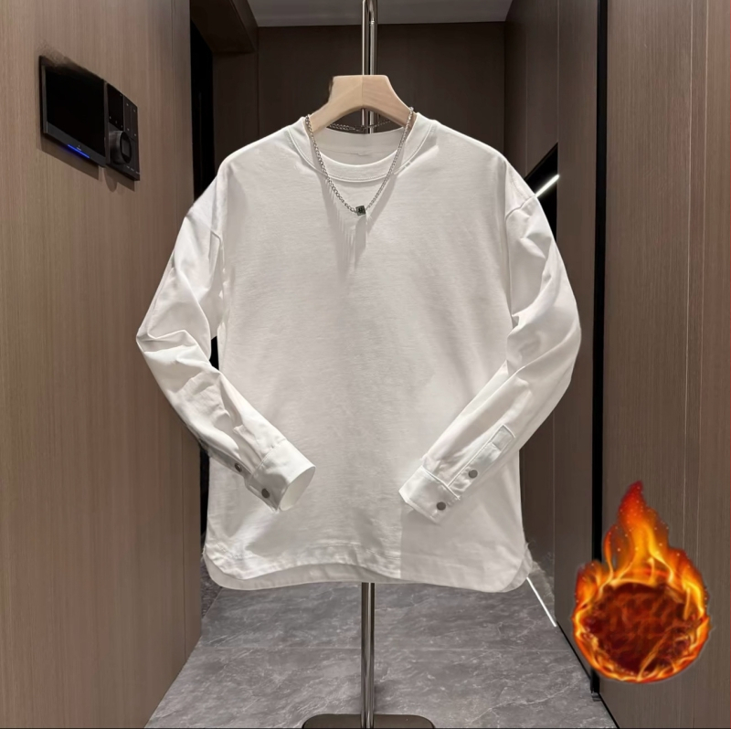Férfi őszi új, egyszínű, lezser, gombos ujjú, kerek nyakú pulóver, divatos, szegélyű, hasított, vékony ing