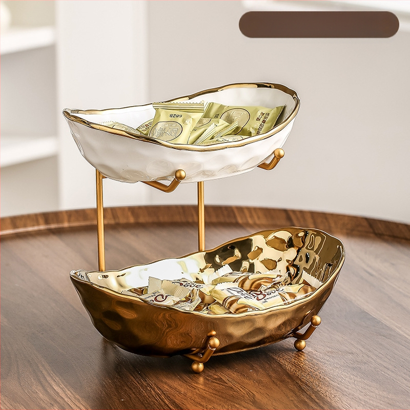 Lengva prabangi keraminė vaisių lėkštė, buitinė, aukštos spalvos daugiasluoksnė vaisių lėkštė, 2024 m. nauja galvanizavimo technologija „Yuanbao“ džiovintų vaisių lėkštė