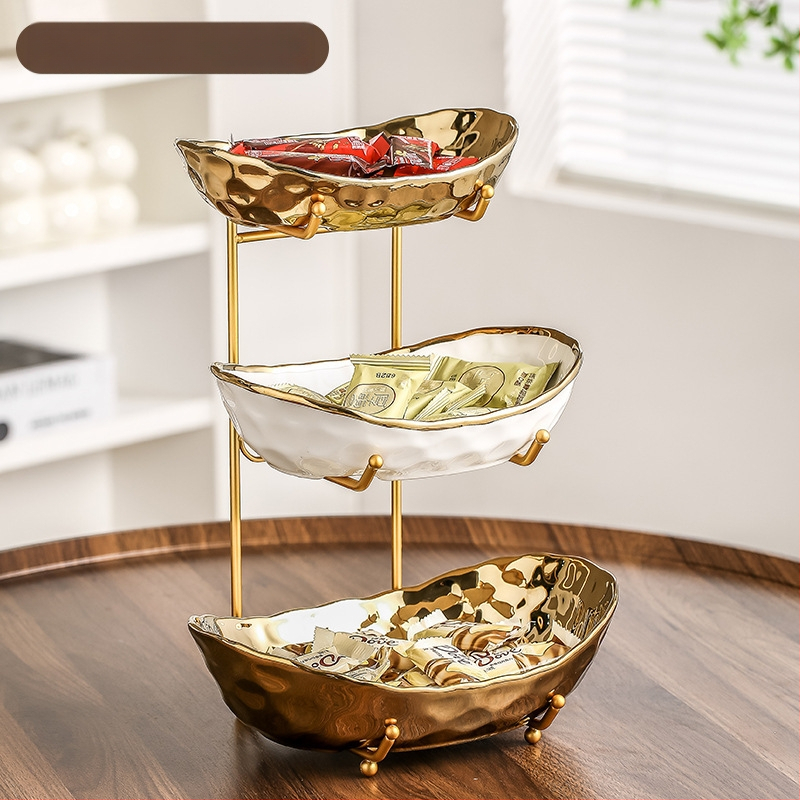 Lengva prabangi keraminė vaisių lėkštė, buitinė, aukštos spalvos daugiasluoksnė vaisių lėkštė, 2024 m. nauja galvanizavimo technologija „Yuanbao“ džiovintų vaisių lėkštė