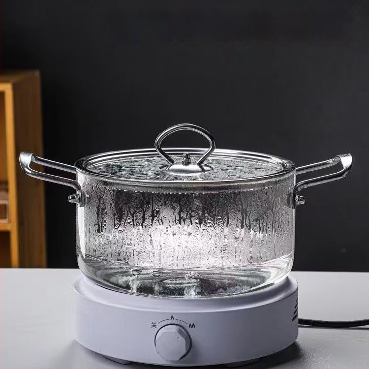 Karščiui atsparus stiklinis dvigubas permatomas sriubos puodas virtuvei, buitinis, aukštos borosilikatinio stiklo, nerūdijančio plieno rankenos, makaronų sriubos puodas, troškinys