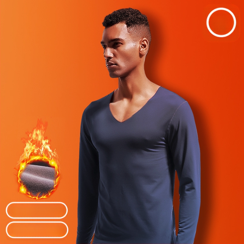 Vyriški besiūliai terminiai apatiniai viršutiniai V formos iškirpte, žieminiai, su vilnos pamušalu, aptempti, ploni marškinėliai, rudens drabužiai, medvilninis megztinis, atsparus šalčiui