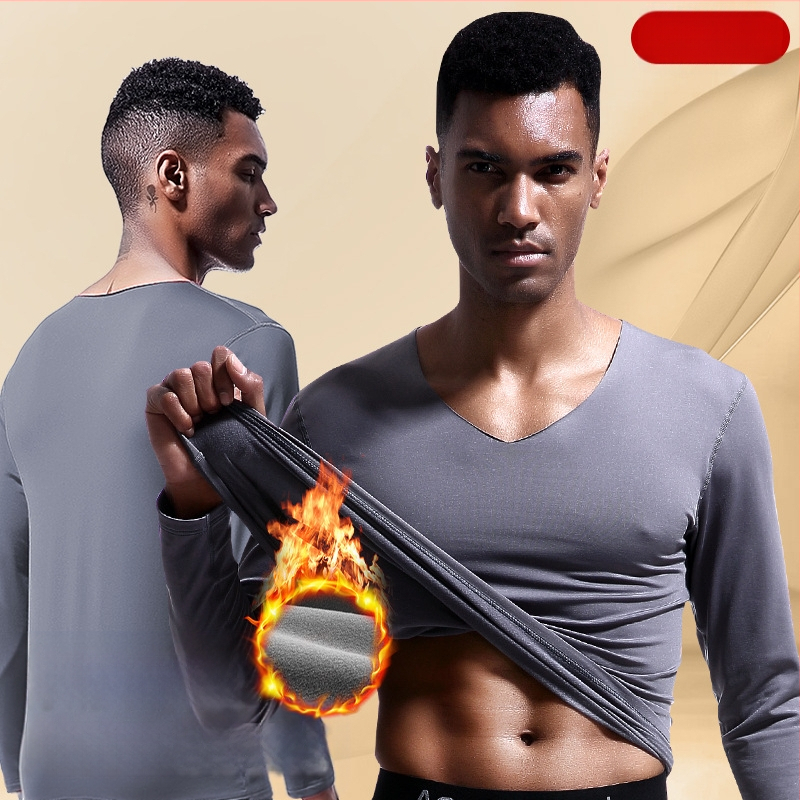 Vyriški besiūliai terminiai apatiniai viršutiniai V formos iškirpte, žieminiai, su vilnos pamušalu, aptempti, ploni marškinėliai, rudens drabužiai, medvilninis megztinis, atsparus šalčiui