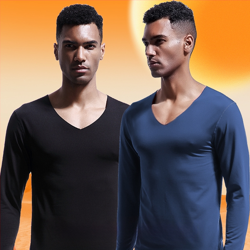 Vyriški besiūliai terminiai apatiniai viršutiniai V formos iškirpte, žieminiai, su vilnos pamušalu, aptempti, ploni marškinėliai, rudens drabužiai, medvilninis megztinis, atsparus šalčiui