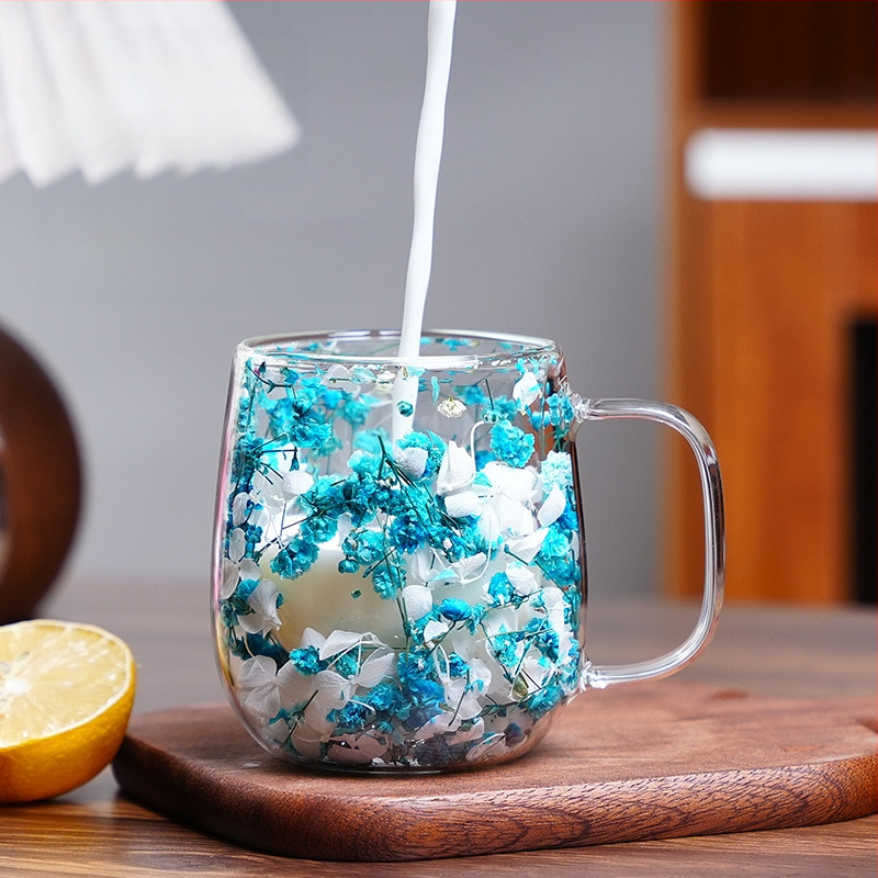 Stílusos új, valódi virágos szárított virágú, kétrétegű boroszilikát üveg irodai bár Home Mark kávéscsésze