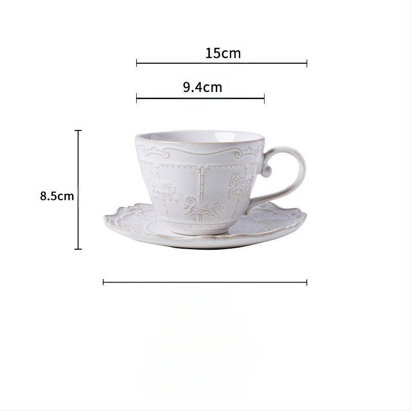 Prantsuse stiilis reljeefne vintage ahjuvahetuskarussell keraamiline kohvitass ja alustass pärastlõunatee tass ja alustass tõmmatav lillekruus