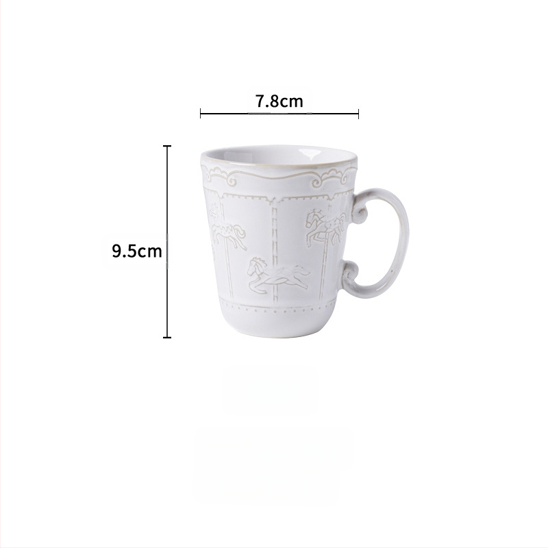 Prantsuse stiilis reljeefne vintage ahjuvahetuskarussell keraamiline kohvitass ja alustass pärastlõunatee tass ja alustass tõmmatav lillekruus