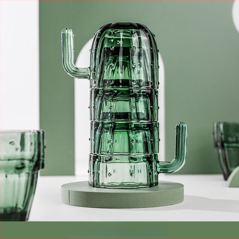 Kaktuszos üvegpohárkészlet ivóvízhez, háztartási nagy értékű vízpohár, kreatív stílusú, egymásra rakható pohárkészlet, teáscsésze