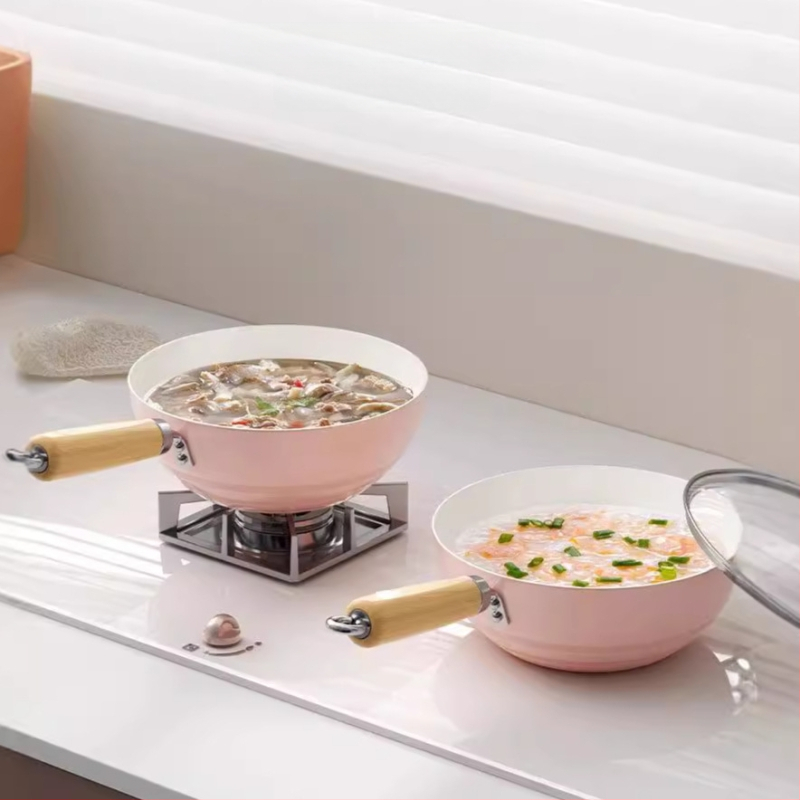 Nauja „Sakura“ miltelių keraminė keptuvė, vieno asmens neprideganti keptuvė, kūdikių maisto papildoma keptuvė, universali viryklė, maža „Wok“ didmeninė prekyba