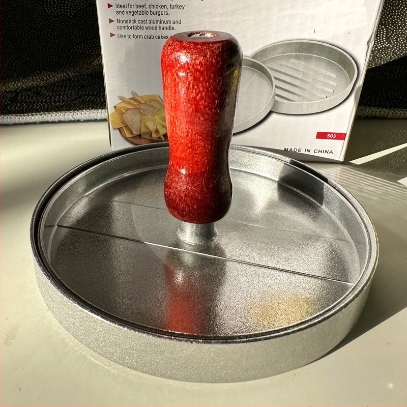 Piiriülene hamburgerilihapress ümmargune puidust käepidemega pihustusvärv alumiiniumisulamist hamburgeriliha taldrik riisipalli lihapiruka vorm