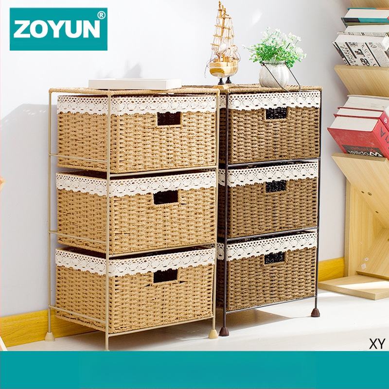 Pastoraalses stiilis kootud sahtlikorviga hoiuriiul rotangist hoiukarp majapidamise rotangist hoiukorv mitmekihiline hoiukapp