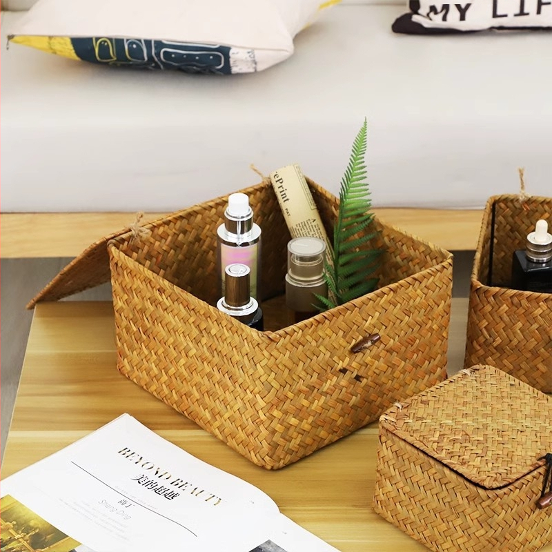 Kézzel készített szőtt tárolókosár fedéllel esküvői szertartáshoz bambusz szőtt rattan szőtt tárolódoboz asztali porálló tárolódoboz