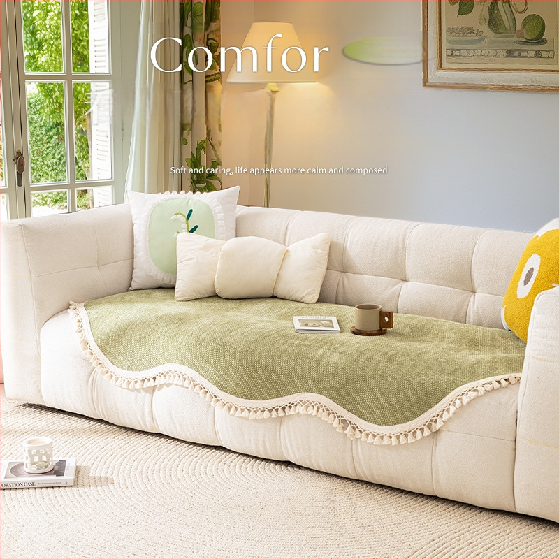 Bojtos szélű kanapépárna, minden évszakra, univerzális, 2025-ös, új, francia krémszínű, fix, csúszásgátló huzattal